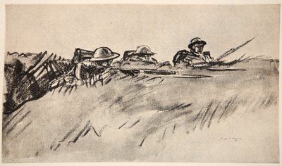 Velšští vojáci, ilustrace z knihy "The Western Front", vydavatelství Country Life Ltd. od David Muirhead Bone