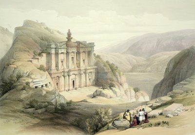 El Deir, Petra, 8. března 1839, deska 90 ze svazku III knihy "Svatá země", vyryl Louis Haghe (1806-85), vyd. 1849 od David Roberts