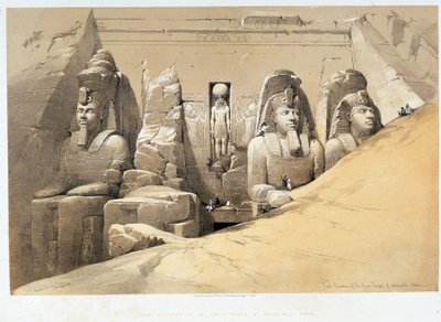 Čelní pohled na velký chrám Aboo Simbel (Abu Simbel, Abu nebo Abu Simbel), Nubia (Nubia) v „Svaté zemi“, Londýn 1849 od David Roberts