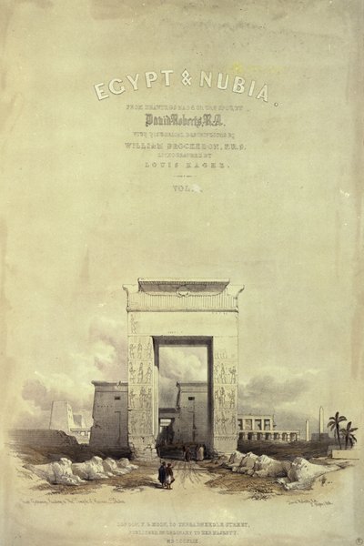 Velká brána vedoucí do chrámu v Karnaku, titulní strana k „Egyptu a Núbii“, litografie Louis Haghe, vydaná 1849 (litho) od David Roberts