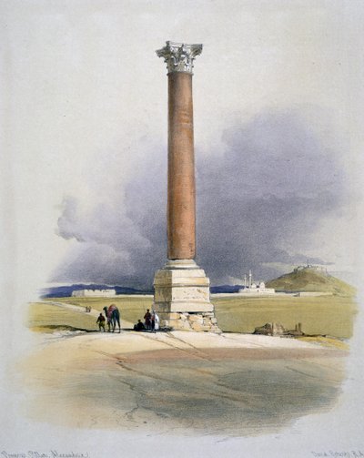 Pompeiův sloup, Alexandrie: Sloup z červené žuly vztyčený Diokleciánovi, 4. století, kdysi se předpokládalo, že označuje místo pohřbu Pompeje Velikého. Autor: David Roberts (1796-1864), skotský malíř a orientalista. od David Roberts