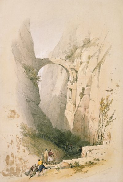 Vítězný oblouk protínající rokli vedoucí do Petry, deska 95 ze svazku III „Svaté země“, vyrytý hospodou Louis Haghe (1806–85). 1849 od David Roberts