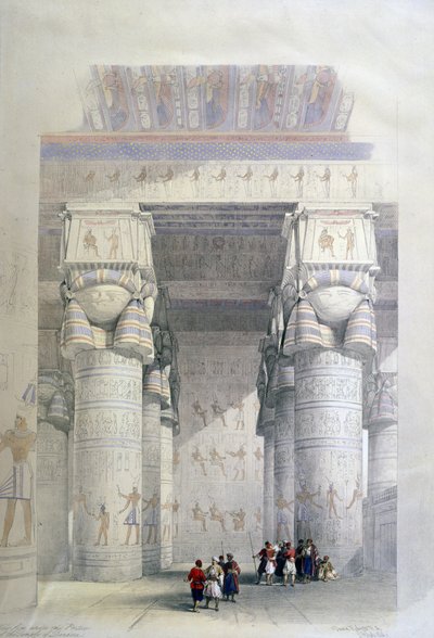 Pohled zpod portiku chrámu v Dendeře", kolem roku 1839. Litografie z roku 1856 podle Davida Robertse (1796-1864), skotského malíře a orientalisty. od David Roberts