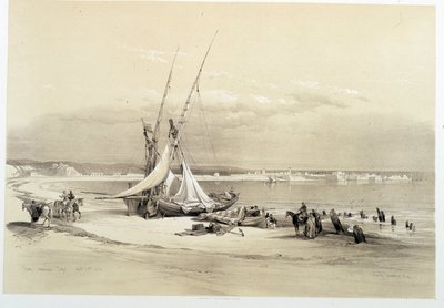 Pohled na město Tyre (Tyre) v Libanonu, kresba vytvořená 27. 4. 1839 v „“Svaté zemi“, Londýn 1849 od David Roberts