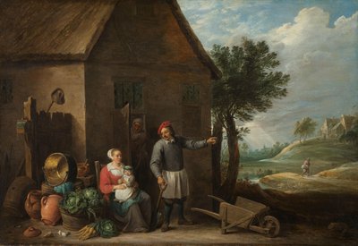 Manžel u dveří chaty se sedící ženou a dítětem od David Teniers (II)