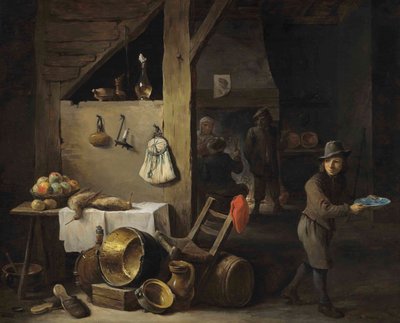 Interiér kuchyně s mladým chlapcem a třemi postavami, které popíjejí a kouří. od David Teniers the Younger