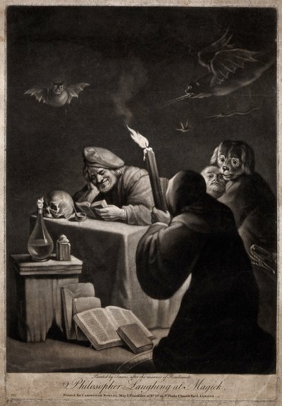 Muž, který si čte knihu a usmívá se; vedle něj muž s kapucí na hlavě, klečící na kolenou. od David Teniers the Younger