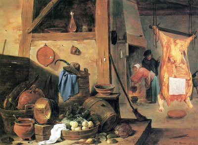 Interiér kuchyně se zátiším a poraženým volem od David Teniers the Younger
