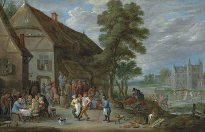 Sedláci tančící před hostincem v Percku, za nímž se nachází Kasteel de Drij Toren od David Teniers the Younger