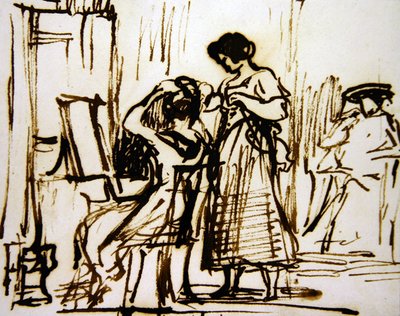 Interiér se ženou, která si obléká vlasy (inkoust na papíře) od David Wilkie