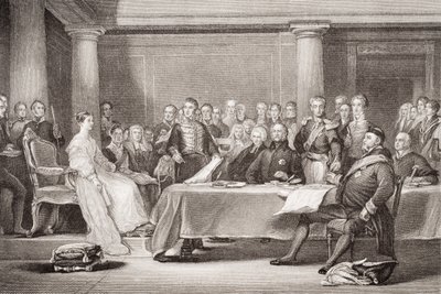 První rada královny Viktorie, Kensingtonský palác, 21. června 1837, z „Ilustrace anglické a skotské historie“ svazek II od David Wilkie