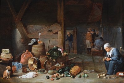 Kuchyňský interiér se ženou připravující zeleninu, za ním postavy v rozhovoru (olej na desce) od David the Younger (circle of) Teniers