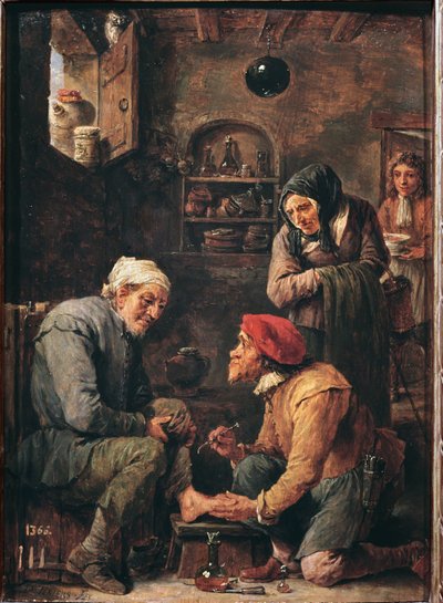 Chirurgická operace, lékař, který se chystá otevřít pacientovi nohu (olej na plátně od David Teniers the Younger
