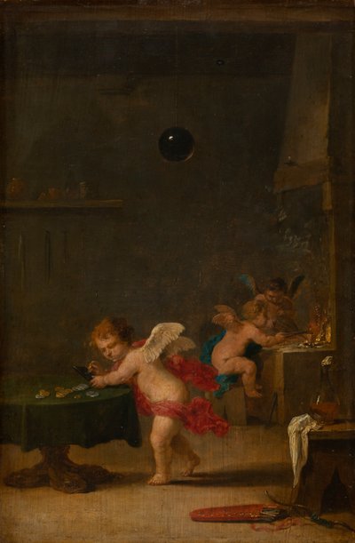 Amoretti v alchymistické dílně, asi 1635-37 (olej na dubovém dřevě) od David the Younger Teniers