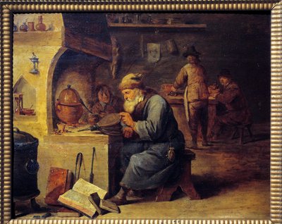 Alchymista. Obraz Davida Tenierse II zvaný David Le Jeune (1610 - 1690), Ec. Plamen od David Teniers the Younger
