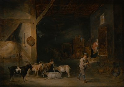 Stodola s kozami a chlapcem hrajícím na zobcovou flétnu, kolem 1640-45 od David Teniers the Younger