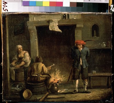 Před ohništěm (U pece). Obraz Davida Tenierse mladšího (1610-1690). Olej na dřevě, 32 x 53 cm od David Teniers the Younger