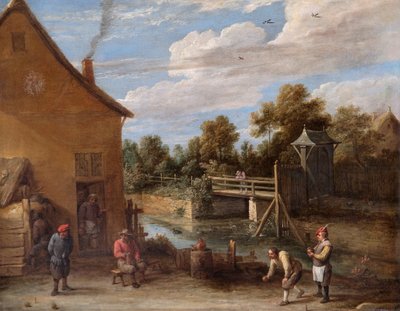 Talonpojat pelaamassa kulhoja joen varrella sijaitsevan majatalon edessä (öljy kankaalle) od David Teniers the Younger