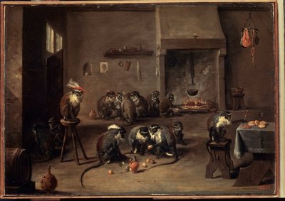 Opice v kuchyni. Obraz Davida Tenierse mladšího (1610-1690). Olej na plátně, 36 x 50,5 cm, kolem roku 1640. Vlámské umění, barokní umění. Muzeum Ermitáž, Petrohrad. od David Teniers the Younger