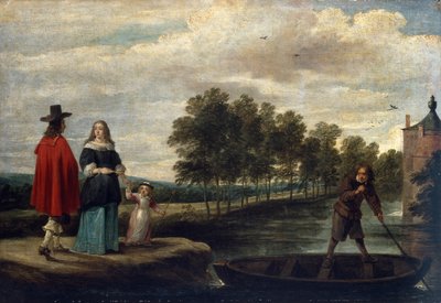 Umělec, jeho žena a dítě u příkopu jeho sídla, Perck (olej na plátně) od David Teniers the Younger