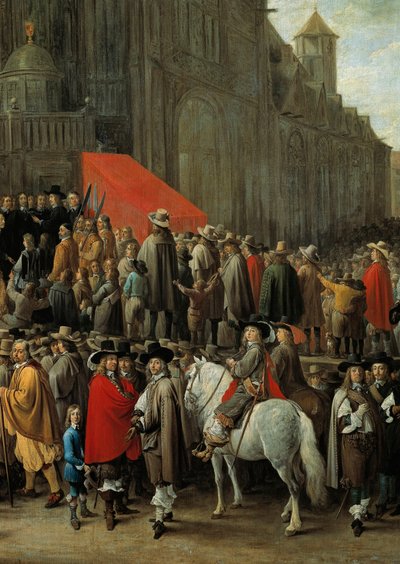 Hra papegai v Bruselu v roce 1652 Hra sestávající ze střelby na terč vyrobený z ptáka ze dřeva nebo lepenky umístěného na vrcholu tyče (detail) od David Teniers the Younger