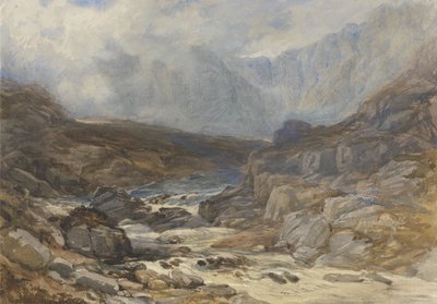 Velšská horská scéna s řekou Torrential (akvarel s tělovou barvou a černou křídou na papíře) od David the younger Cox