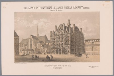 Design pro navrhovaný hotel na náměstí Dam v Amsterdamu Navrhovaný nový hotel na přehradě Amsterdam (název na objektu) Kapitál The Grand International Alliance Hotels Company (Limited) 300 000 GBP (název na objektu) od Day and Co.
