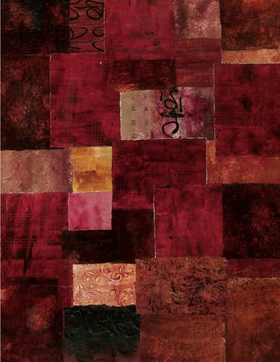 Abstraktní patchwork v karmínové barvě od Deb Chaney