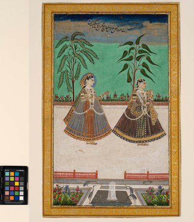 Dvě ženy z harému Tana Shah z Golcondy, kolem roku 1800 (neprůhledný akvarel a zlato na papíře, připevněno na stránce alba) od Deccani School