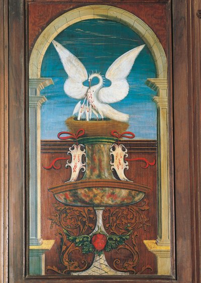 Fontána namalovaná Defendente Ferrari (1480 nebo 1485-1540), na zadní části chóru z 16. století, kostel svatého Jeronýma, Biella. Itálie od Defendente Ferrari