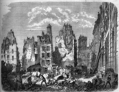 Proměny Paříže za Druhého císařství, Haussmann Paris. Zničení části Ile de la Cité pro rozšíření hotelu Dieu, rytina po r. od Delannoy Delannoy