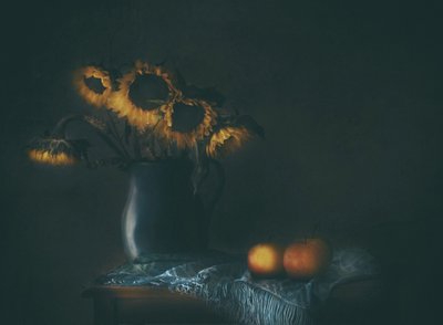 Melancholické slunečnice a jablka od Delphine Devos