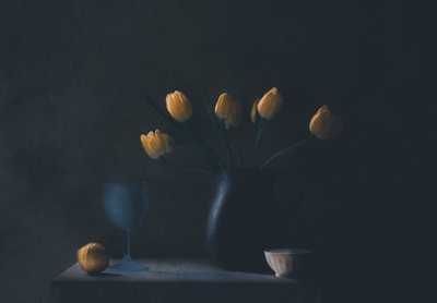 Zátiší s tulipány v náladové žluté barvě od Delphine Devos