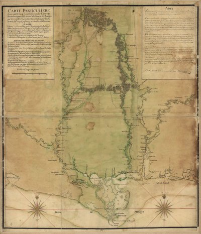 Konkrétní mapa části Louisiany, kde byly řeky zaznamenány mrtvou kalkulací a silnice podle země prozkoumané a měřené po krocích, Srs. Broutin, de Vergés, inženýři a návrhář Saucier od Demarigny