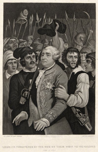 Ludvík XVI. ohrožený davem při jejich návštěvě Tuileries, 20. června 1792, vyryto Johnem Sartainem (rytina) od Denis Auguste Marie (after) Raffet