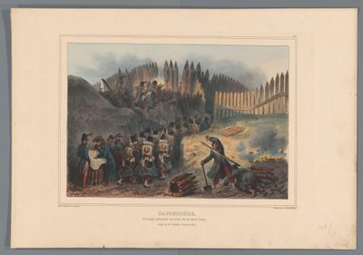 Skupinový voják trektové dveře a otevření v de palisade, 1832 Kaponiéra, palisádové dílo před půlměsícem (název na objektu) Kresby ze života v obležení Citadely v Antverpách od Raffeta (název série na objektu) od Denis Auguste Marie Raffet