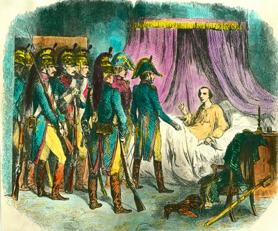 Zatčení Ludvíka Antoina Henriho de Bourbon, vévody z Enghien (1772-1804), podezřelého bez důkazu z spiknutí proti prvnímu konzulovi Napoleonovi Bonapartovi. Rytina Denis Auguste Raffet (1804-1860) 19. století. Soukromá sbírka od Denis Auguste Marie Raffet
