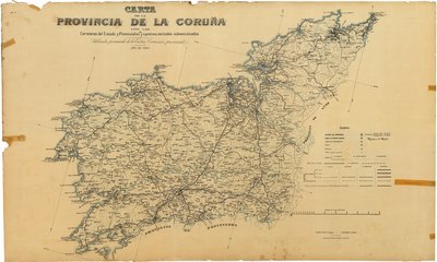 Mapa provincie A Coruña se státními a provinčními silnicemi a dotovanými sousedskými silnicemi. Publikováno se souhlasem Jeho Excelence. zemská komise od Deputación da Coruña