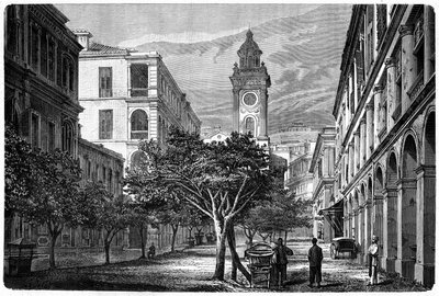 Pohled na historickou hongkongskou hodinovou věž. Rytina podle Deroyovy kresby v knize "Le Tour du Monde, Nouveau journal des Voyages", kterou vydal Edouard Charton, Paříž. od Deroy (after)