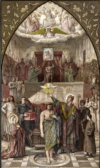 Svatý Remigius křtí Chlodvíka v Remeši - Křest krále franků Clovise I. (466-511) v Remeši od Eveque Saint Remi dne 25. 12. 496 (nebo 499) - rytina podle obrazu Desire Francois Laugee od Desire Francois Laugee