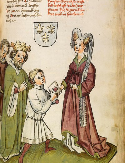 Stoletá válka (1337-1453): Zikmund I. ze Svaté říše (Svatá Říše) (1368-1437) se setkává s Johankou z Arku (1412-1431) - císař Zikmund před Johankou z Arku - miniaturní dílna Diebold Lauber (před 1427- po roce 1471) z ""Le livre de od Diebold (workshop) Lauber