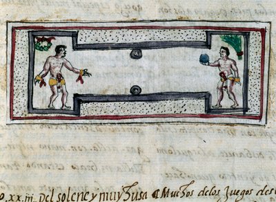 Aztékové hrají hru pelota, miniatura z Historie Indie (Historia de las Indias) od Diega Durana (1537-1588), rukopis z roku 1579 od Diego Duran
