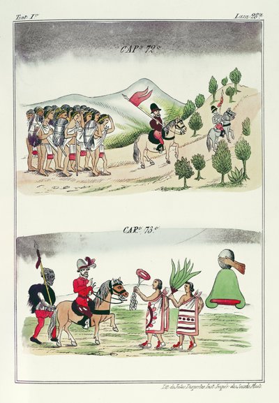 Čepice 72 a čepice 73, ilustrace z „Historia de las Indias de Nueva Espana y Islas de tierra firme“, s deskami Jules Desportes, Mexiko, 1867-80 od Diego Duran