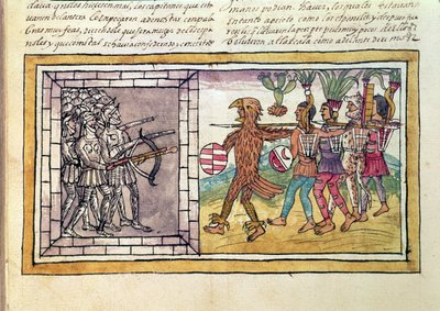 Codex Duran: Pedro de Alvarado (asi 1485-1541) společník ve zbrani Hernanda Cortese (1485-1547) obležený aztéckými válečníky od Diego Duran