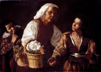 Dva chlapci a stará ovocná žena aneb Prodavač starého ovoce. Obraz Diega Rodrigueze od Silvy Velazquez (Velasquez od Diego Rodriguez de Silva y (attr. to) Velazquez