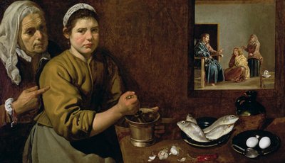 Kuchyňská scéna s Kristem v domě Marty a Marie, kolem 1618 (olej na plátně) od Diego Velázquez