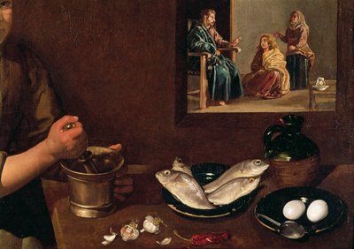 Kuchyňská scéna s Kristem v domě Marty a Marie (detail Jídlo na stole s Kristem, Martou a Marií v pozadí, viz 99423), k.1618 od Diego Velázquez