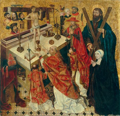 Messe de saint Gregoire - Mše sv. Řehoře Velikého - Obraz Diega de la Cruz (aktivní 1482-1500) - před rokem 1480 - Olej na dřevě - 168x168 - Museu Nacional d