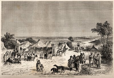Tábor Touaregů, kresba Lancelota, pro ilustraci cesty Dr. Henriho Bartha do centra Afriky v letech 1849-1855. Rytina v „“ Le tour du monde, nouveau journal des voyages““ Paříž od Dieudonne Auguste Lancelot