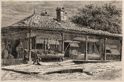 Řeznictví a pekárna v Bukurešti (Rumunsko). Rytina k ilustraci cesty z Paříže do Bukurešti od Lancelota, designéra, v roce 1860 v „Le tour du monde, nouveau journal des voyages“, vydaném pod vedením Edouarda Chartona od Dieudonne Auguste Lancelot
